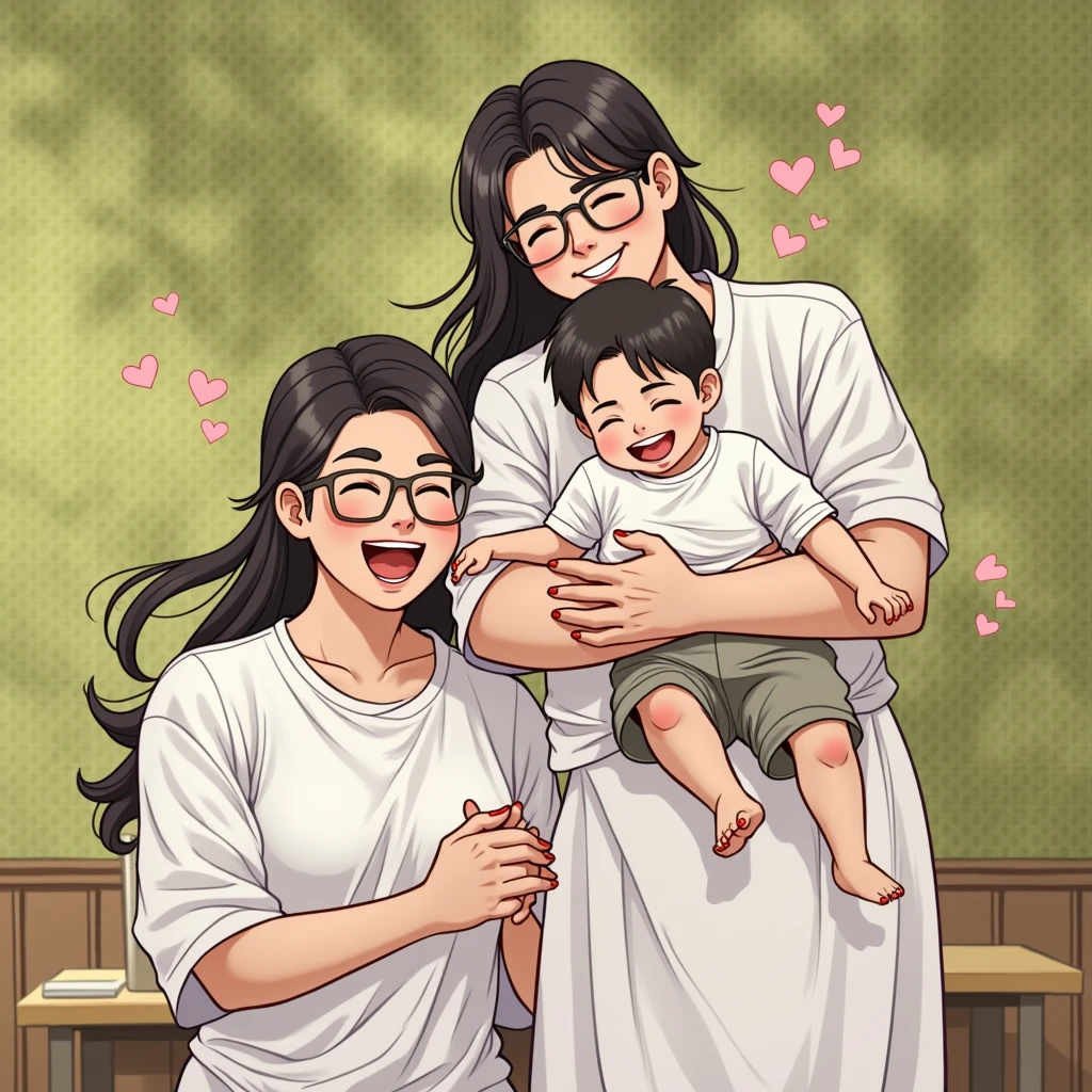 Laughing mother with long black hair chubby brunette,next to her black-haired husband with glasses smiling on her lap at her smiling happy black-haired son