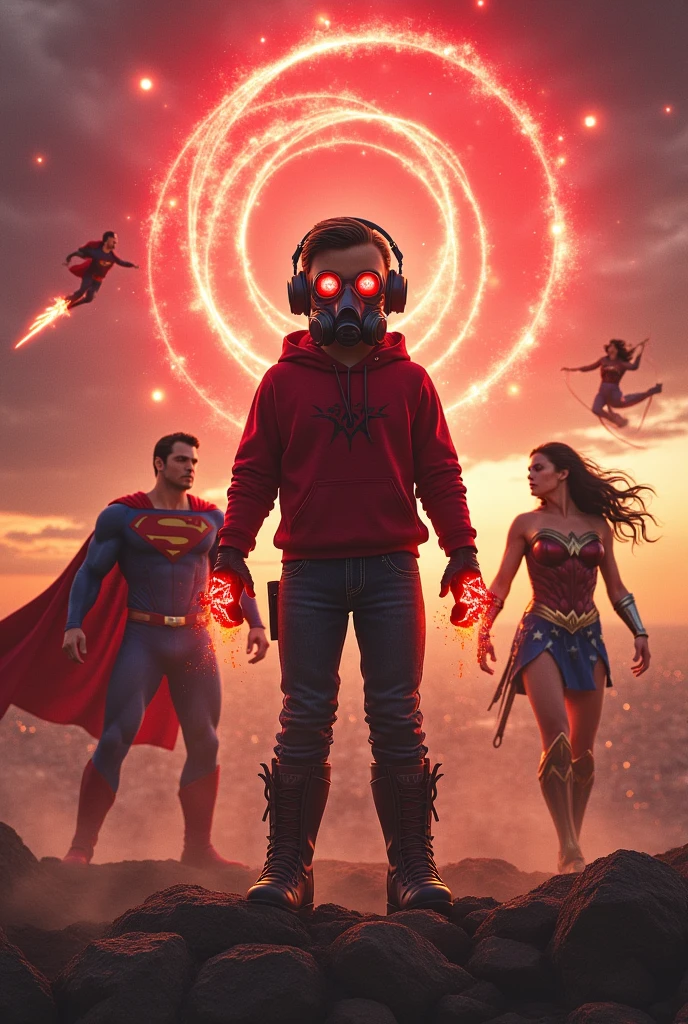 Young Star-lord with red hoodie, headphones, star-lord helmet, gas helmet, covered mouth, round red eyes, Red eyes, magic rings in the hands and rocket boots, Vs. Doctor strange vs. Wonder woman (Big tits), Vs Superman, Fighting, power, fiction, full body, 4 person, magic lasso, hight, fall, fire in boots, poweful spells, fighting, realistic, helmet, mask, confrontation, punch, gun, flying in the sky, red magic portal, view of the city from above
