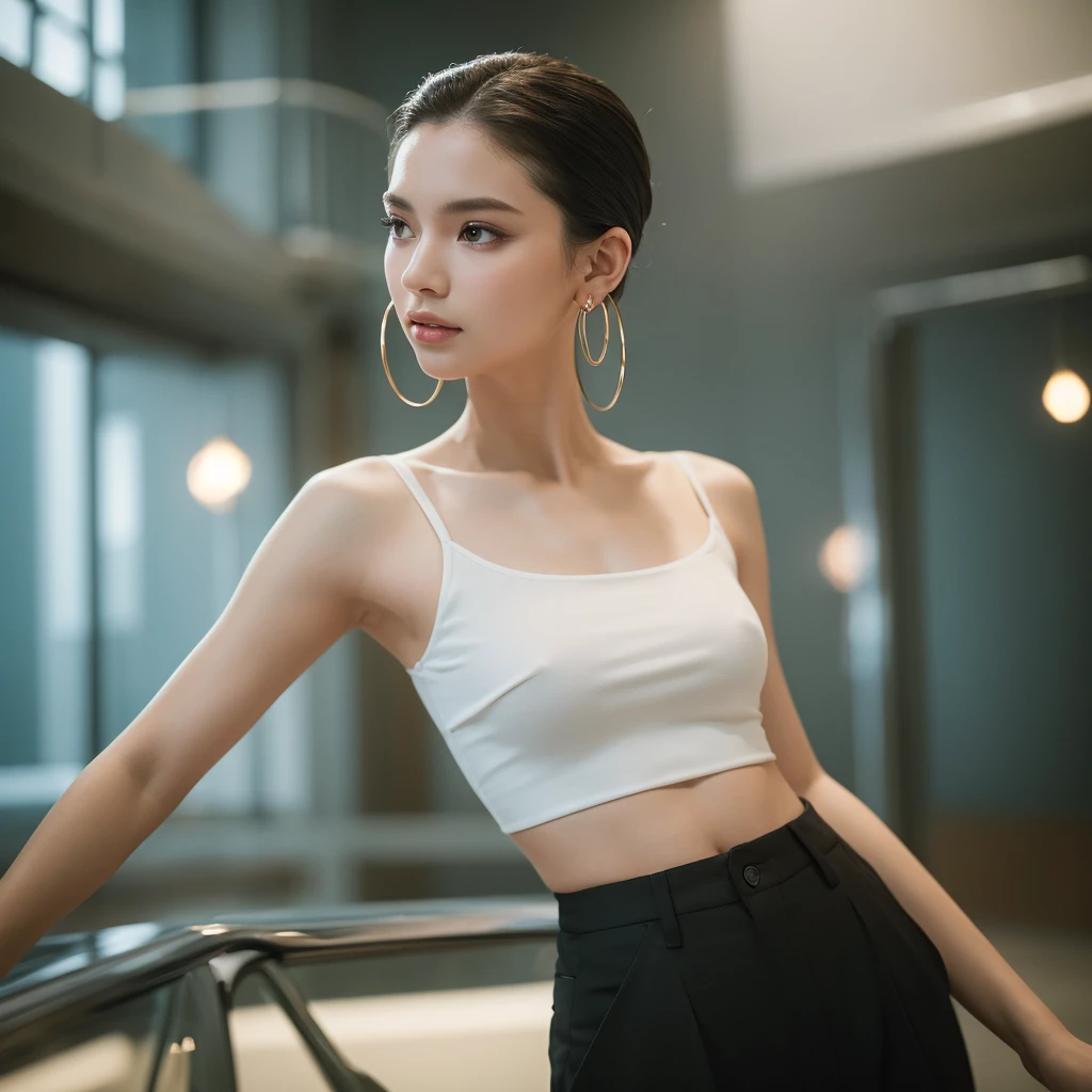 masterpiece, Highest quality, alone, One girl, Glowing Skin, Hoop Earrings, glamorous, Whimsical details, Slicked back hair, Fascinating, Bare shoulders, Crop top, Long trousers, Shallow depth of field, Contrasting, Professional Model, Facing forward, Portraiture 