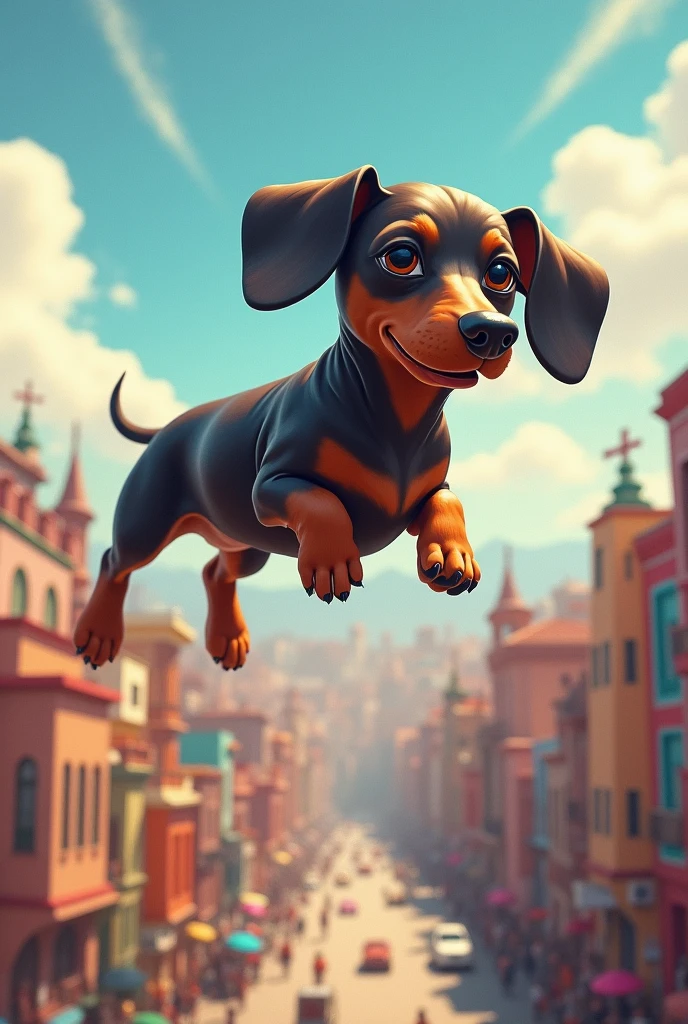 Dachshund flying in the center of La Paz Bolivia 