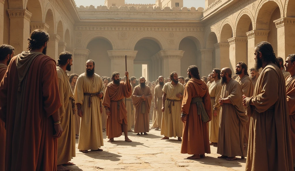 A scene where the residents of Sodom gather in a square, discussing in groups. The expressions are varied, from concerned to disinterested, reflecting the division between them. The background is an ancient architecture, with earthy tones.