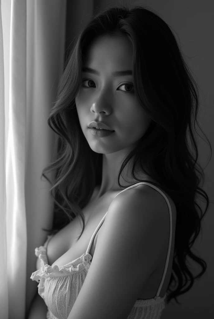 black and white photo , Mid-shot from a low angle, capturing the beauty of a young latin woman's face and figure. full body. She is naked , leaning on a window, posing against a neutral-toned hotel room backdrop. Soft lighting highlights her porcelain skin and luscious locks, as she exudes innocence and sensuality with an expression that hints at naivety and curiosity. Studio light
