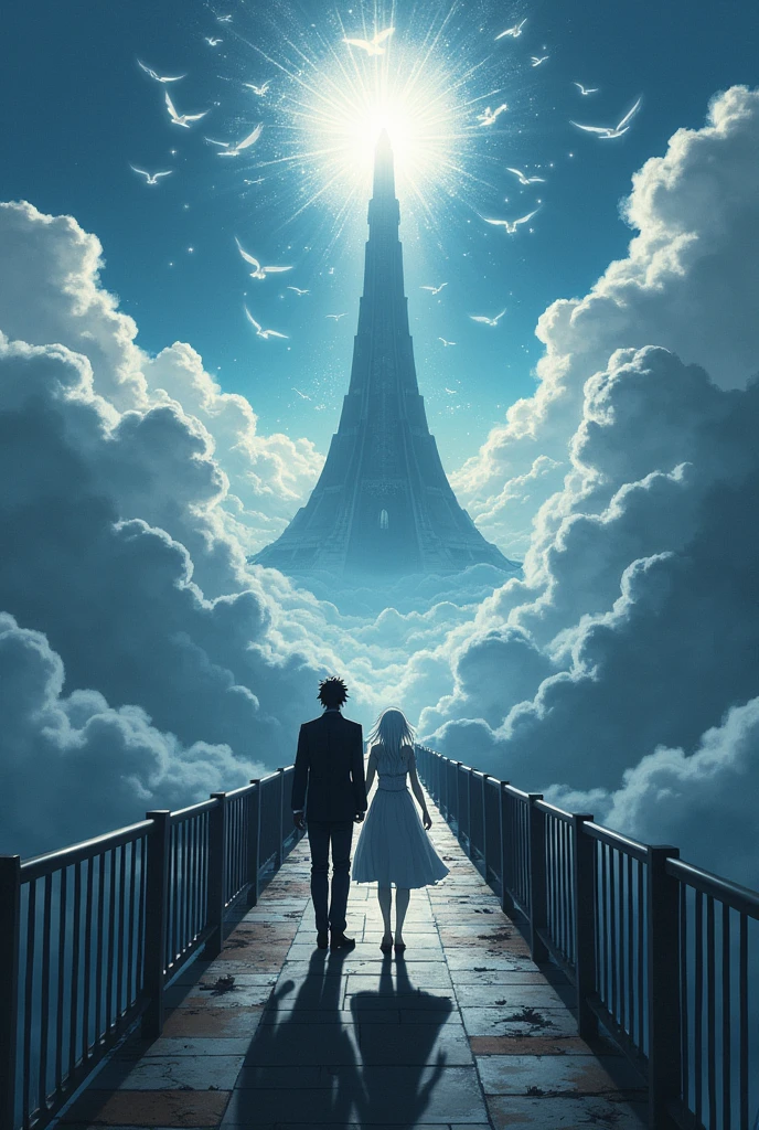 The image is anime style cowboy bebop and Darker than black with shadows and dim lights, anime style although somewhat adult and dark, It shows two people, A black-haired adult and a white-haired albino woman walking on a colossal bridge on the way to heaven, the bridge is seen above the clouds, In the distance, at the other end of the bridge, You can see the Tower of Babel rising to the top, with thousands of angels flying around him. The image is focused from far away and from a higher image plane..