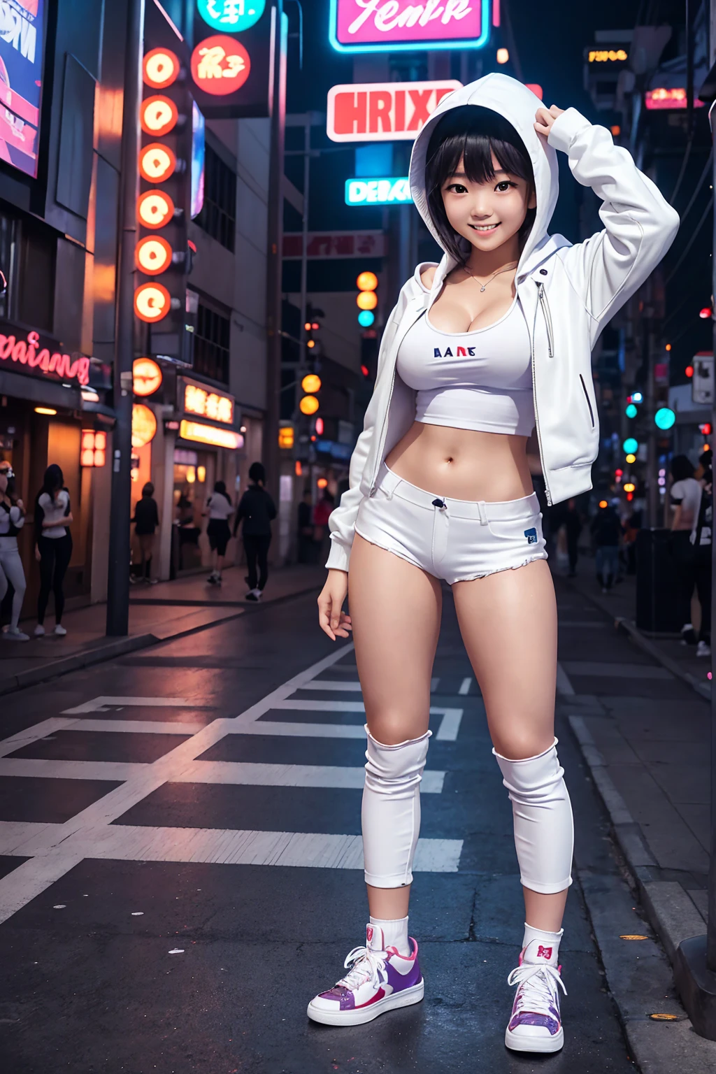 
A young Japanese girl, wearing a white t-shirt, a leather jacket and a hood up.demin pants,ankle socks,sneaker,
She was looking at me with a smile on her beautiful face, her breasts so big that they accentuated her cleavage.
dancing,Late night entertainment district with dazzling neon lights