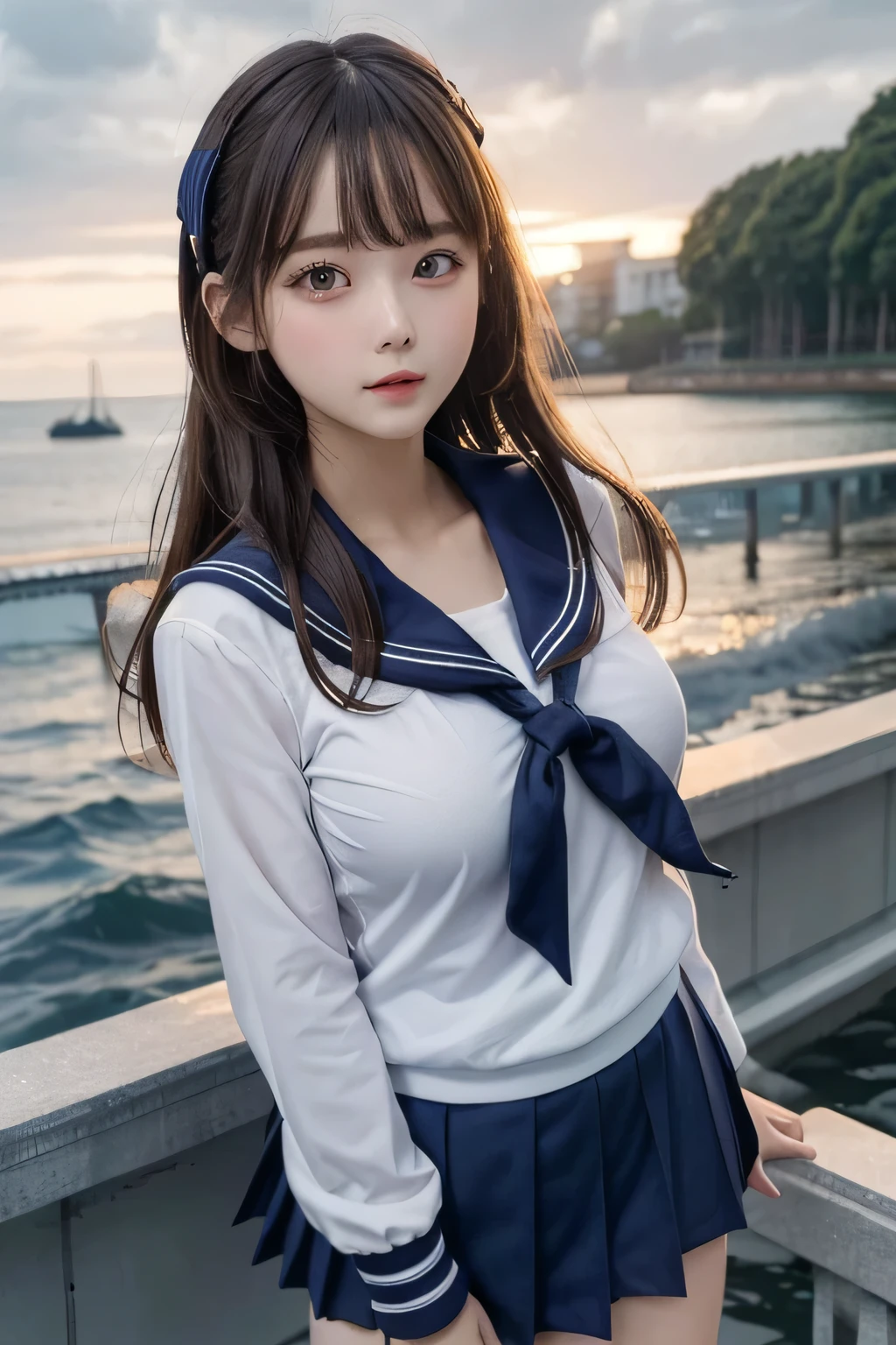 One Girl, 1 person,Highest quality,High resolution,超High resolution,8k,Realistic,Upper Body,encounter_audience,Large Breasts, the body is slim,(sailor suit School uniform:1.2),