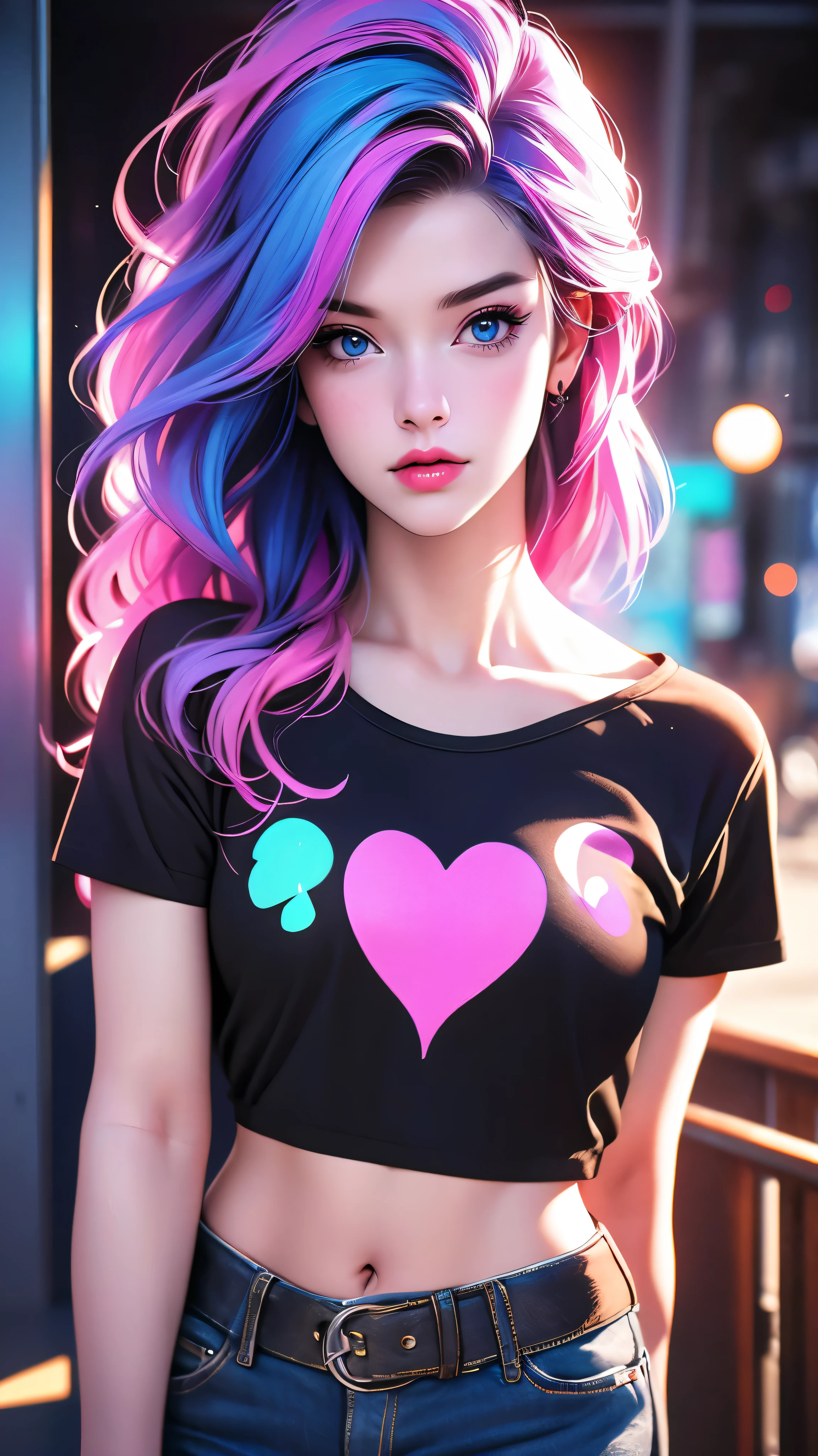 a beautiful girl in a black t-shirt and blue jeans, colorful pop-punk style hair, beautiful detailed eyes, detailed lips, detailed face, a belt, neon hearts, (best quality,4k,8k,highres,masterpiece:1.2),ultra-detailed,(realistic,photorealistic,photo-realistic:1.37),vibrant colors,dynamic lighting,cinematic,concept art,digital painting