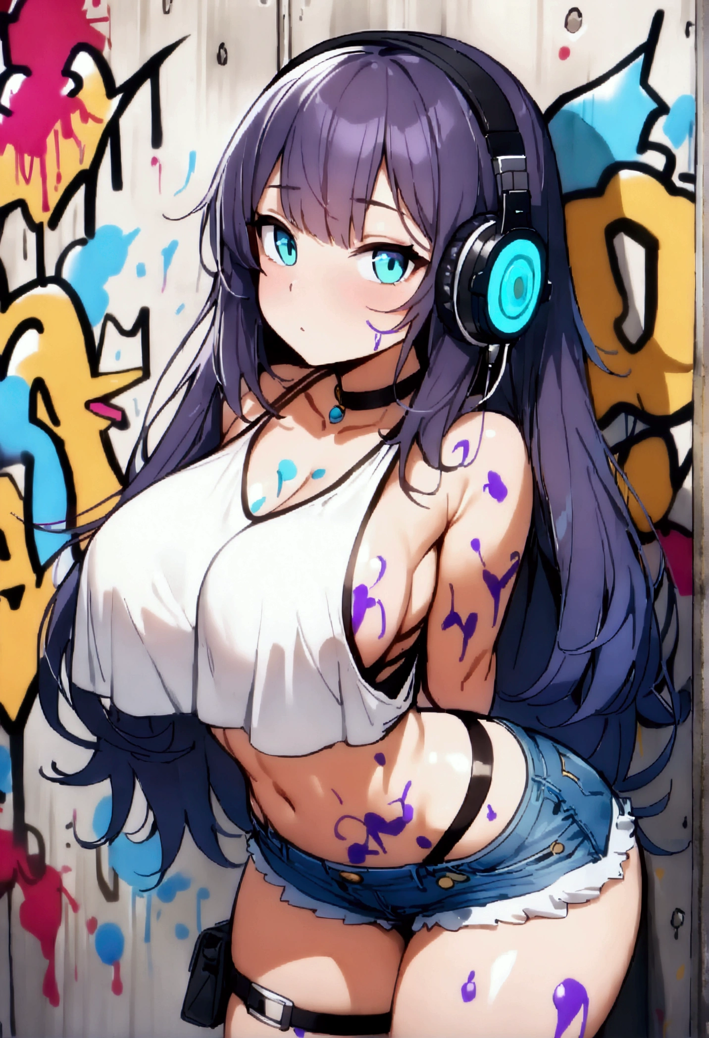 masterpiece, Best Quality, 1 girl, Alone, crop top, ((colossal neckline:1.3)), denim shorts, choker, (Graffiti:1.5), paint splash, arms behind the back, against the wall, looking at the viewer, bracelet, thigh strap, body paint, nod, bored, violet fur, aquamarine eyes, headphones, peepshow, nipslip
