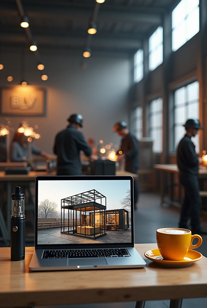 Laptop screen shot showing 3d design of iron frame cafe. Beside the laptop is a black vape the size of a finger and a yellow coffee cup.. Behind the laptop there are several welders welding iron fences and canopies in a large warehouse with lots of iron poles., there is a large iron board with BLV written on it.
