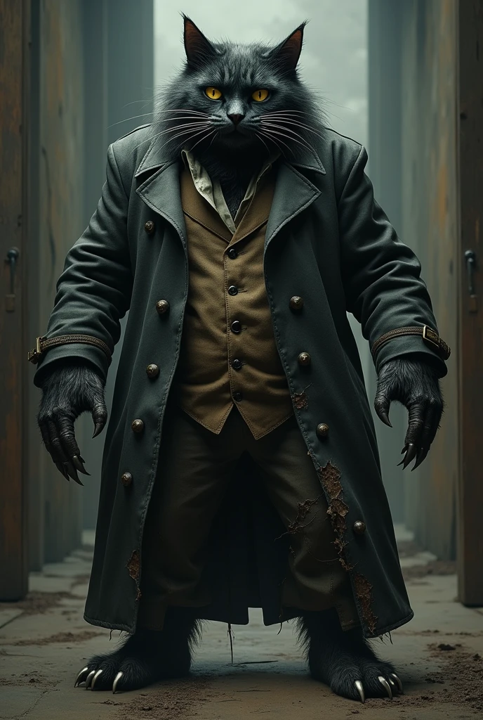 furry humanoid cat man with black fur, yellow eyes, big cat claws, Veterinarian's dress in the 1890s, thick build, stooped, gloomy, scratched, hurt.