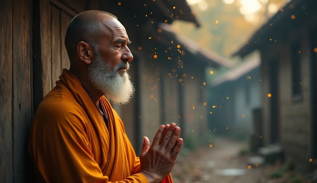 ancient buddhist monk looking directly at the camera with hands together meditating, not towards the center, clear facial features, bright colors, particles of light, with bright light, Mushhiv, wallpaper art, UHD wallpapers, vivid atmosphere , near an old house, village