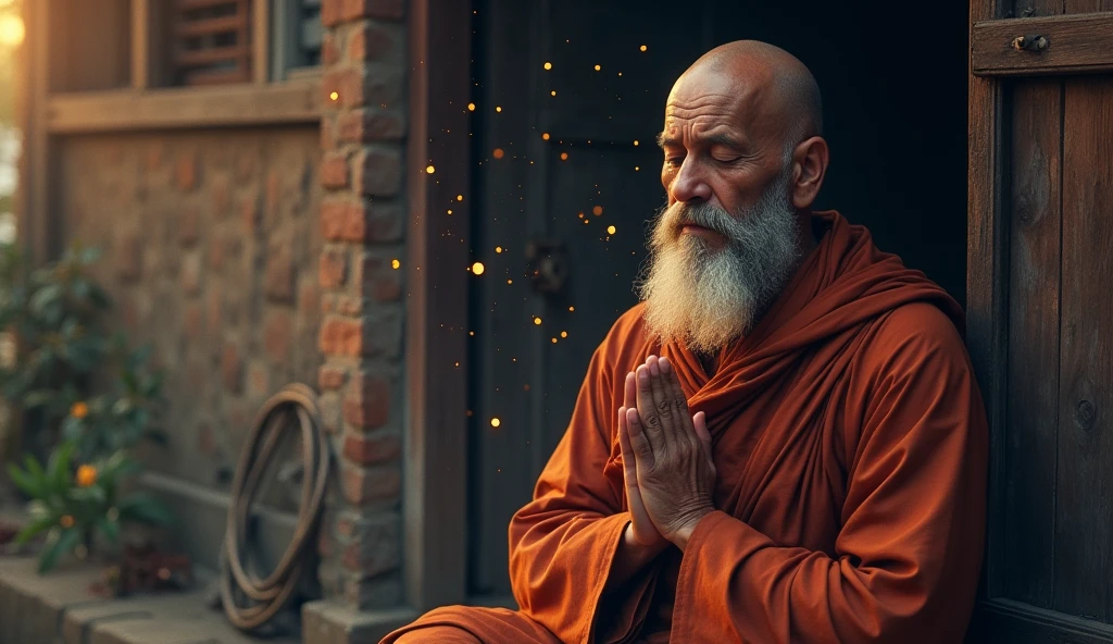 ancient buddhist monk looking directly at the camera with hands together meditating, not towards the center, clear facial features, bright colors, particles of light, with bright light, Mushhiv, wallpaper art, UHD wallpapers, vivid atmosphere , near an old house, village