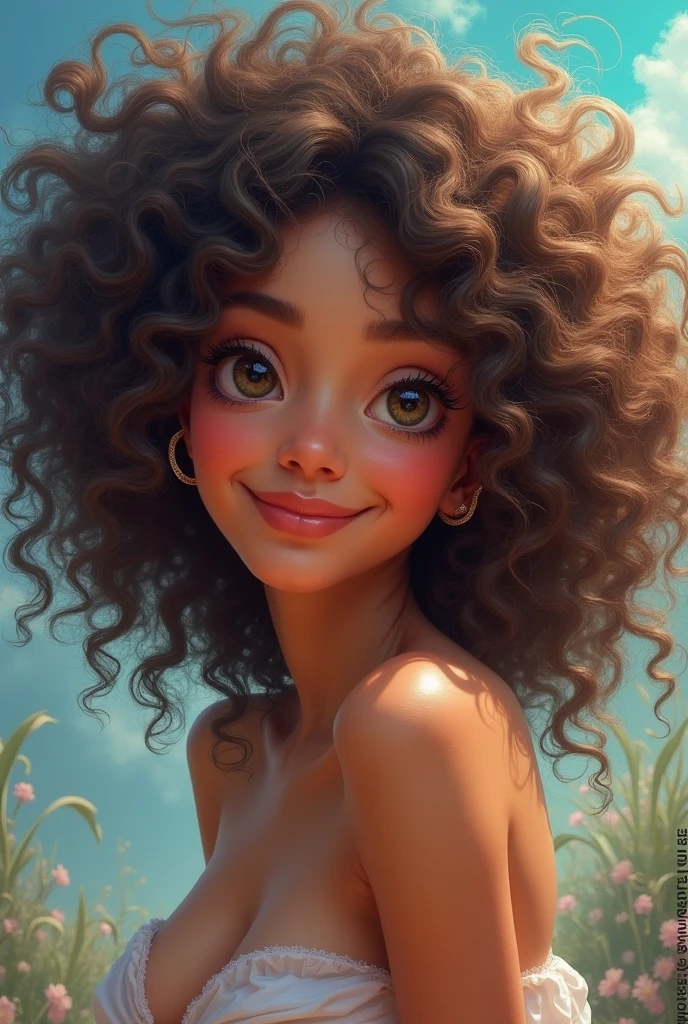 A short woman with curly hair, medium eyes large lips