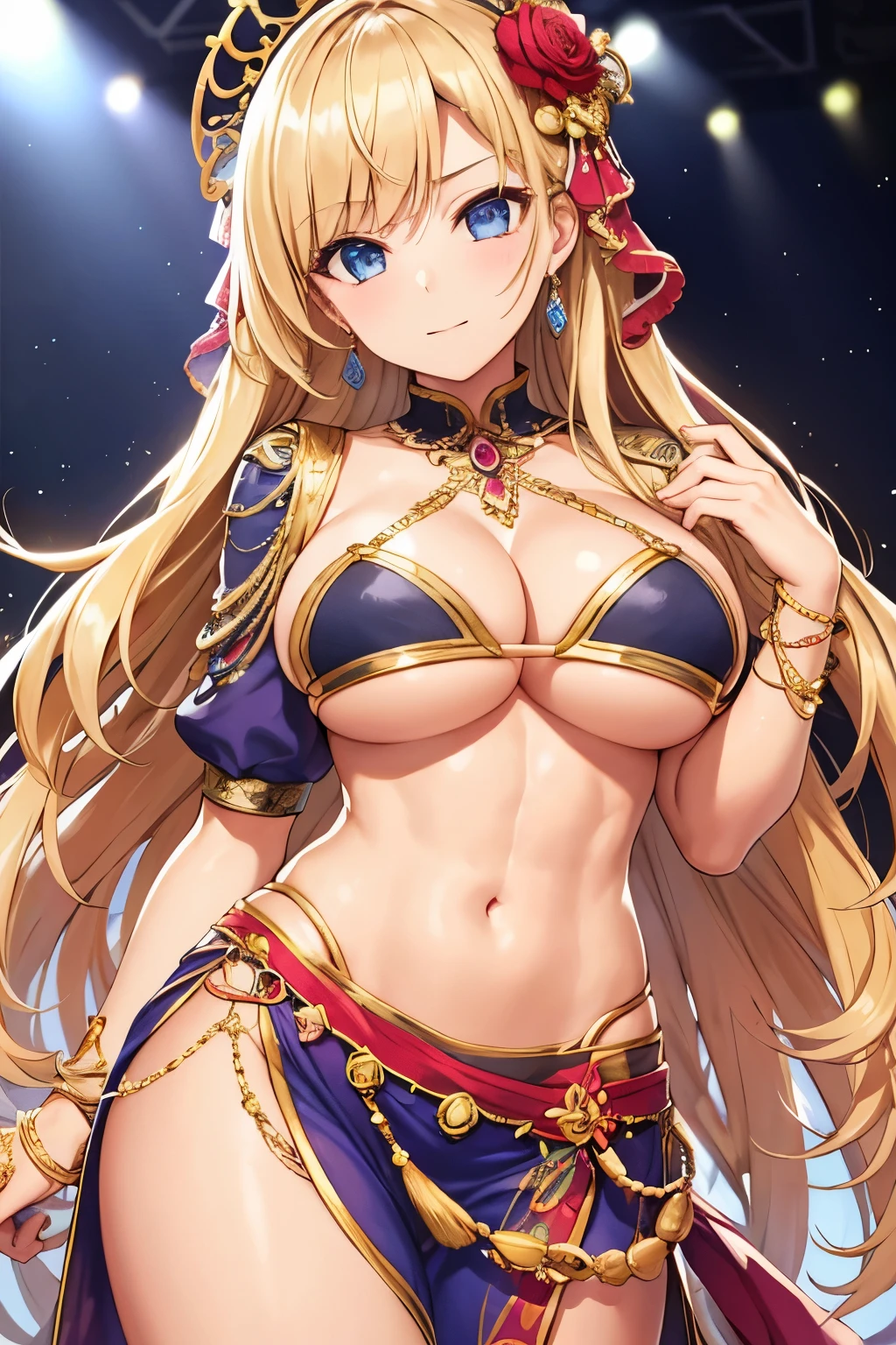 Masterpiece, Best quality, Beautiful girl, Beautiful face, Dancer, Luxurious clothes, Decorations, Stage, Abs, Big breasts, Cleavage, Sexy,