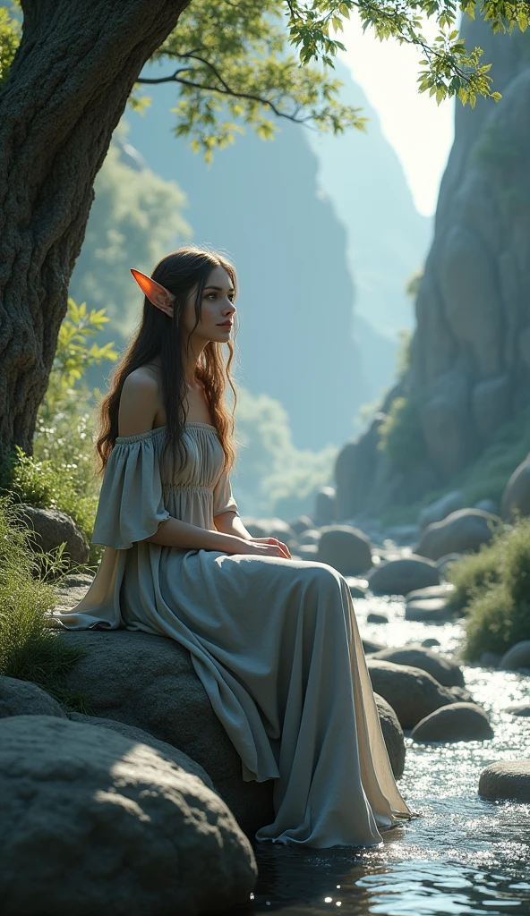 Full body portrait. A beautiful female elf wearing a gray and white dress is sitting on a river rock. The background is a beautiful lion full of rocks with a big tree on the side This scene is a very detailed and professional 3D digital art. professional lighting, photon mapping, radiosity, physically-based rendering,