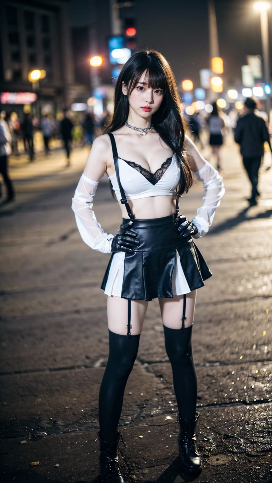 (8k、RAW Photos、Highest quality、masterpiece:1.2)、(Realistic、Realistic)、1 person、((Pink and black、Medium Hair、Cleavage、tights、Gloves、Garter Ring、mini skirt、Thin legs、whole body、boots、View from the front、Looking into the camera、Night Park、Stand with hands on hips))、cute