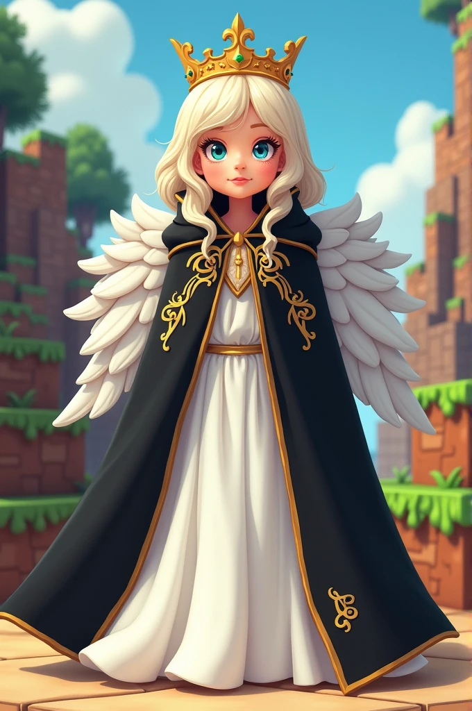 character in white clothing with a personalized black cape with a crown Cartoon style minecraft