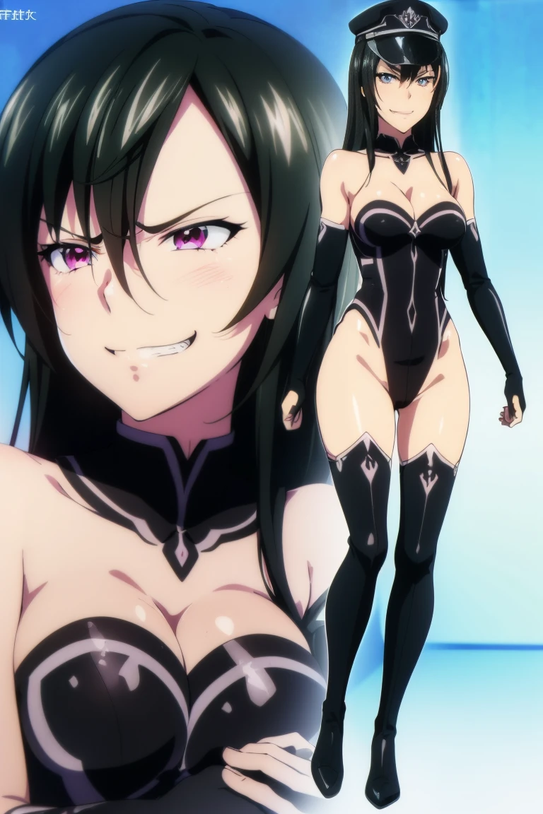 beautiful, masterpiece, ultra detailed, extremely detailed, ultra high res, 8k, beautiful detailed face, anime screencap, heart shaped face woman, (black hair:1.2), long hair, hair between eyes, large breasts, fearless face, sharp face, slant eyes, cat eyes, 170cm tall, adult, perfect proportion, (((black high-leg leotard))), (((bare shoulder))), cleavage, (((thigh boots))), choker, (((military cap))), anime style, ultra detailed beautiful face and eyes, front view, raw phot, incredibly absurdres, Beautiful portrait of cute anime girls, super fine illustration, full-hd, hdr, best aesthetic, distinct, exquisite, masterwork, by famous artist, highers, (((perfect anatomy))), mocking, (((rape face))), (((evil grin))), intense eyes, sadistic, gleaming skin, oil skin, slut face, full-face blush, smirking, mischievous grin, furrowed mouth, both legs, pouty lips, downturned corners, rosy hue, grin widely, cheeky smirk, (((bad-tempered glare))), gloating, crazy smile, scary face, cruel smile, fang, connected teeth,, (((elbow gloves))), (((big connected teeth)), glare, grimace, smirk, (((scowling face))), smile broadly, symmetrical eyes, even eyes, perfect eyes, (((squinting eyes))), deep detailed eyes, shiny clothes, 1girl, solo, smug, smile grimly, (((dimpled smile))), pink eyes, (((upper body shot and standing))), (((laugh))), (((pleasure face))), (((brutality face))), (((scary face))), (((fang))), shiny hair, chubby breasts, light eyes, clear eyes, shiny eyes,