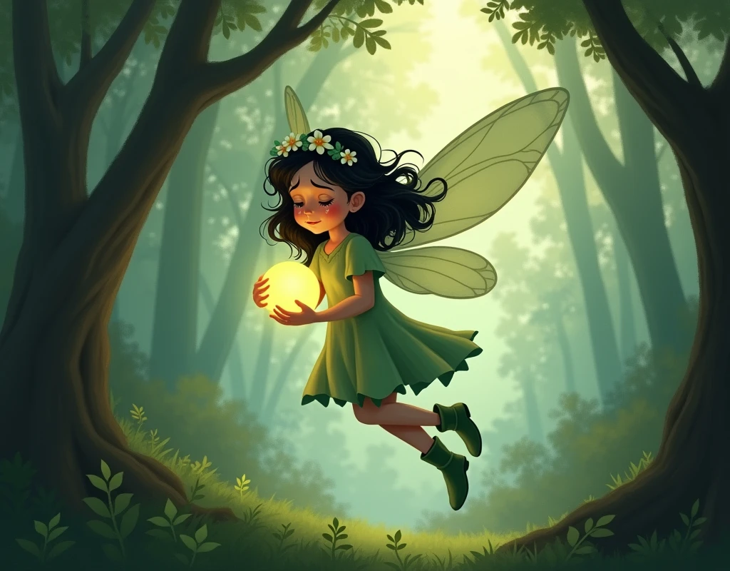at a forest ,A little fairy, fly away, Brunetette, with wavy black hair, flower tiara, light green boots, wings and light green dress, was crying, muito triste, holding a little ball, that shone a little