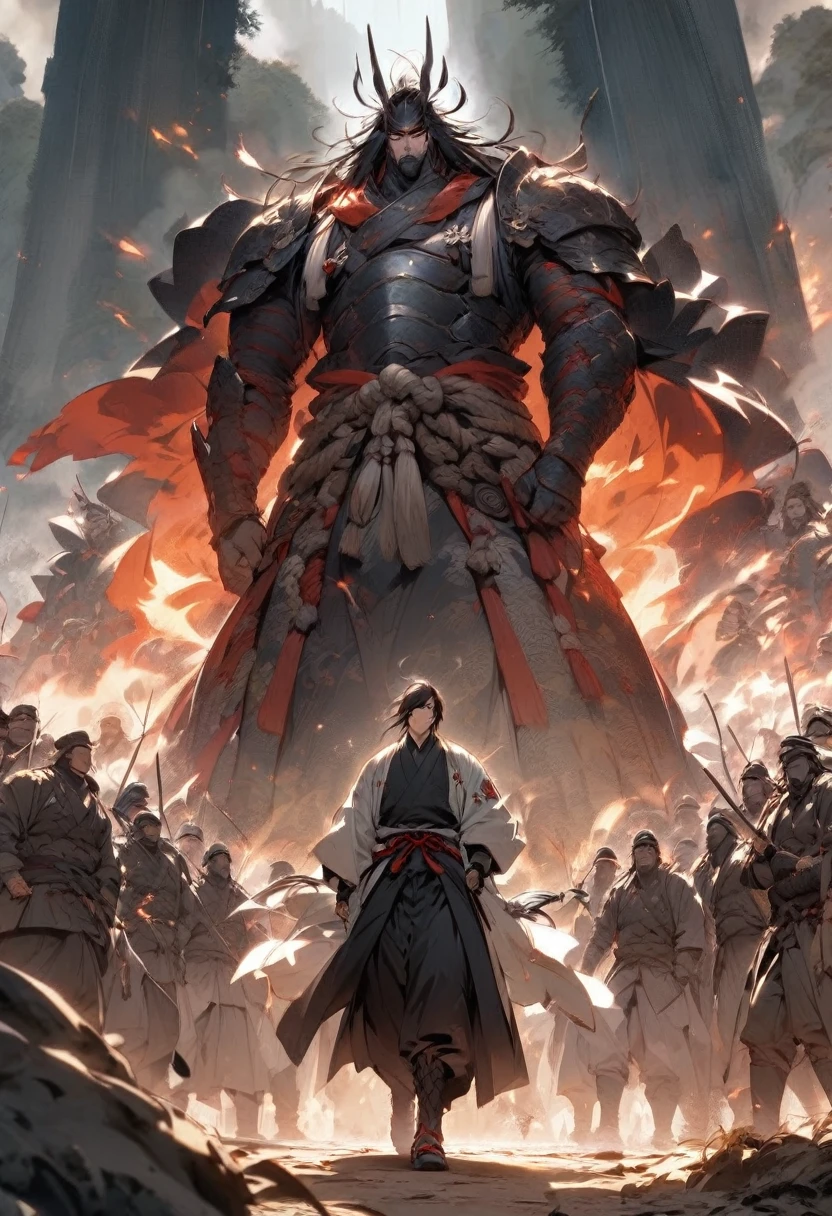 An imposing samurai, significantly taller than those around him, walks through a battlefield with an aura of invincibility. The soldiers around him glance up in awe and fear."