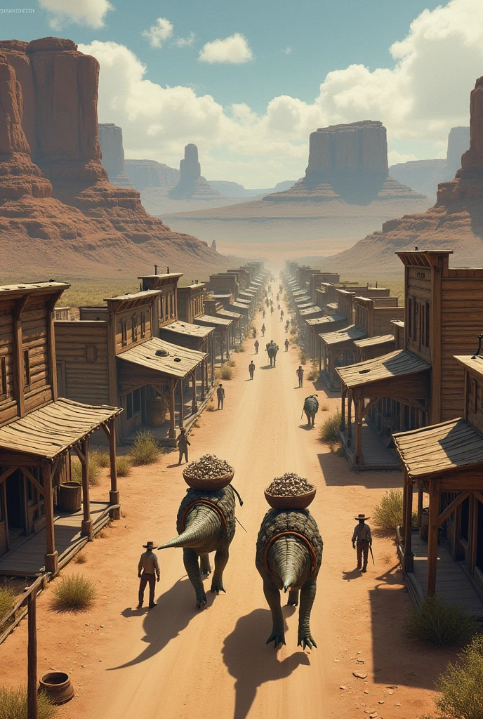 Wild West Concept Art With a small rustic town and some domesticated dinosaurs Carrying a load of minerals