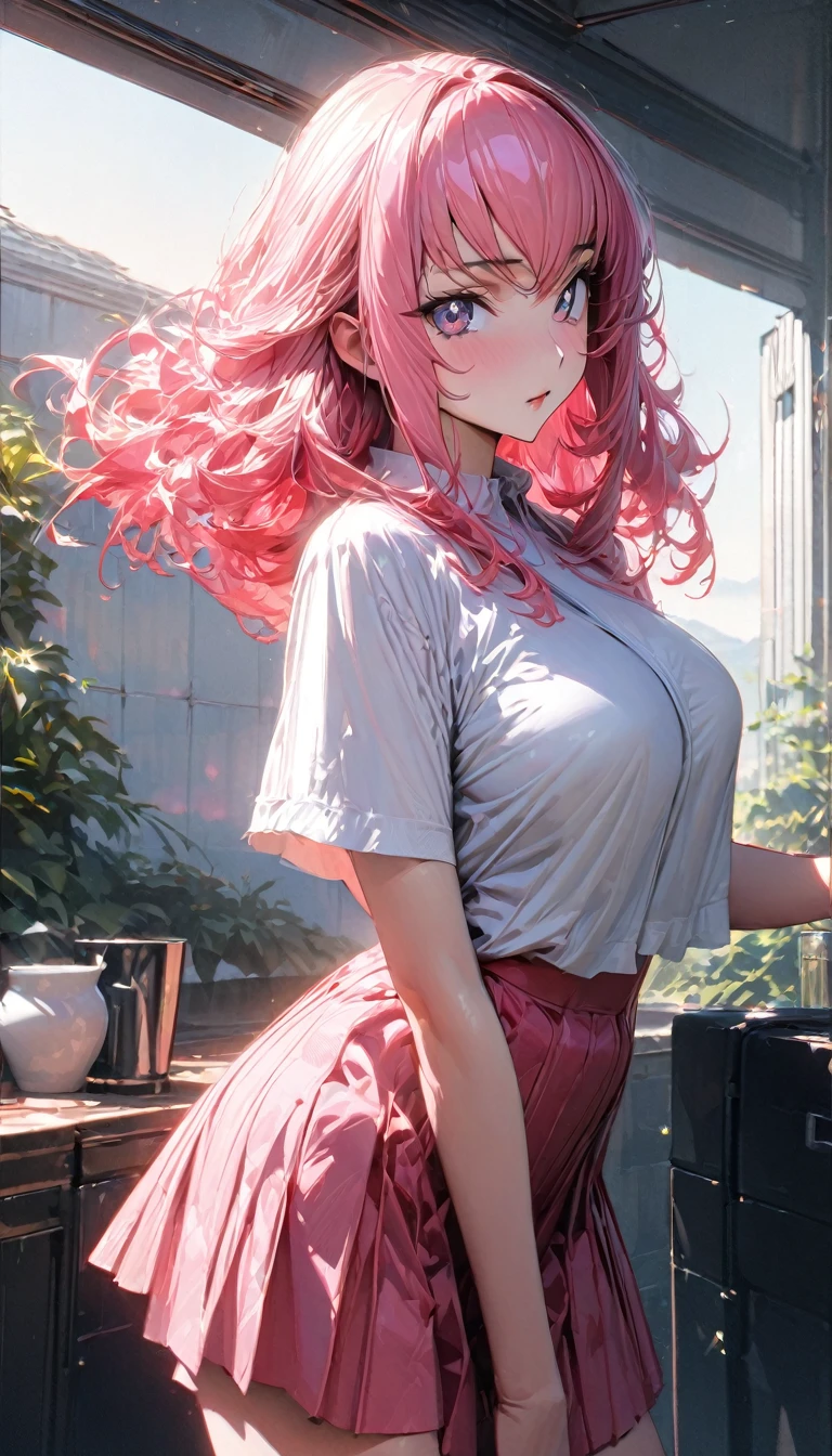 One person, adult, woman, Ultra-high resolution, 超detailed, Highest quality, 8k,((Highest quality)), ((masterpiece)), (detailed),Face direction(front),Hair Color(Bright pink,delicate hair texture), Hairstyle(Soft and fluffy,Shortcuts ), background(outside,morning),eye(きれいなeye元), clothing(Short sleeve,skirt),expression(Exquisite features depicting a perfect face),Body Type(model,Naturally beautiful, Beautiful breasts),Perfect hands,完璧なwoman像, Dramatic Shadows,Sexy pose,Anime characters, Code Geass,posture(cute),professional