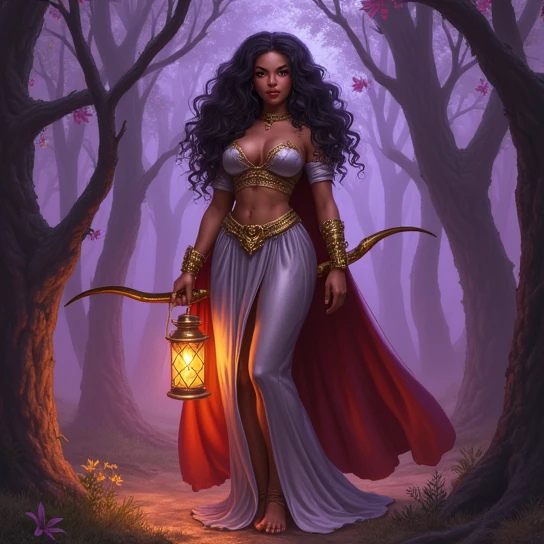 From Below, Accurate, Best Quality, 1girl, age 1, tall built body, brown skin tone, long bushy curly dark hair, right hand holding a bow and left hand holding a lantern, wearing an long turtle neck silver dress with a gold corset, gold dragon bracelet, black knee-high boots standing in the middle of an eerie dark aesthetic woods, different colored eyes right eye have red pupil and left eye have purple pupil, wearing a red cape flowing down her feet touching the ground.