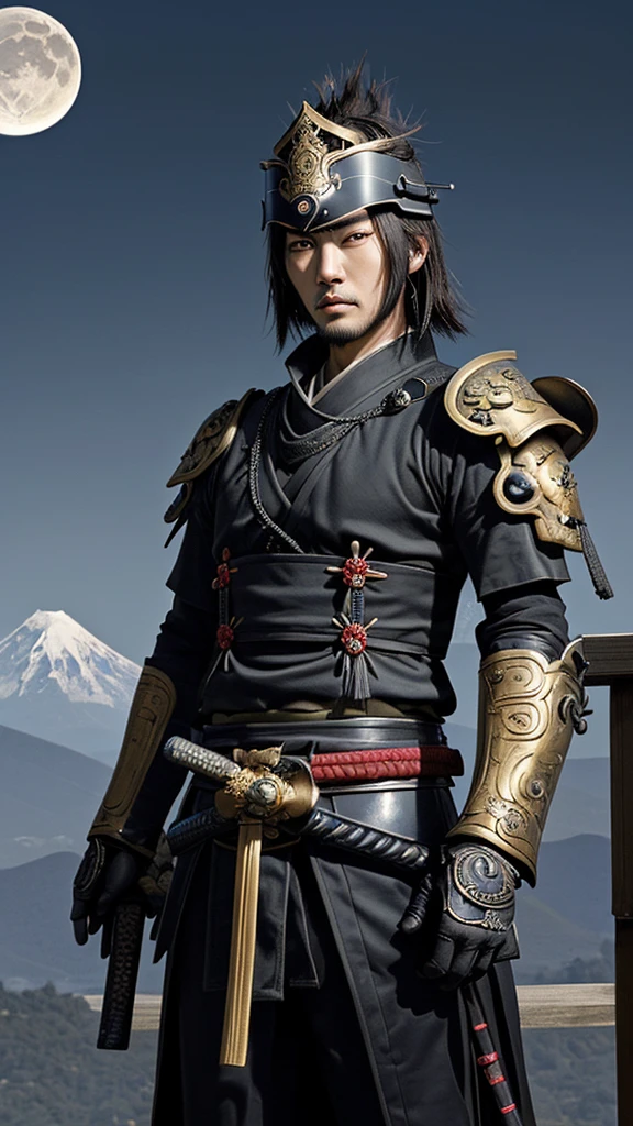 An impressive portrait of Date Masamune, the iconic one-eyed samurai lord. Masamune is wearing a full set of ornate samurai armor, decorated with golden accents and the emblem of a crescent moon. His helmet features a prominent crescent moon crest, symbolizing his clan. Masamune's facial features are sharp, and his single eye is piercing, conveying authority and wisdom. He holds a katana with one hand resting on the hilt, standing on a castle balcony. The background shows a view of a vast landscape with mountains and a river under a cloudy sky, illustrating his dominion and power.
