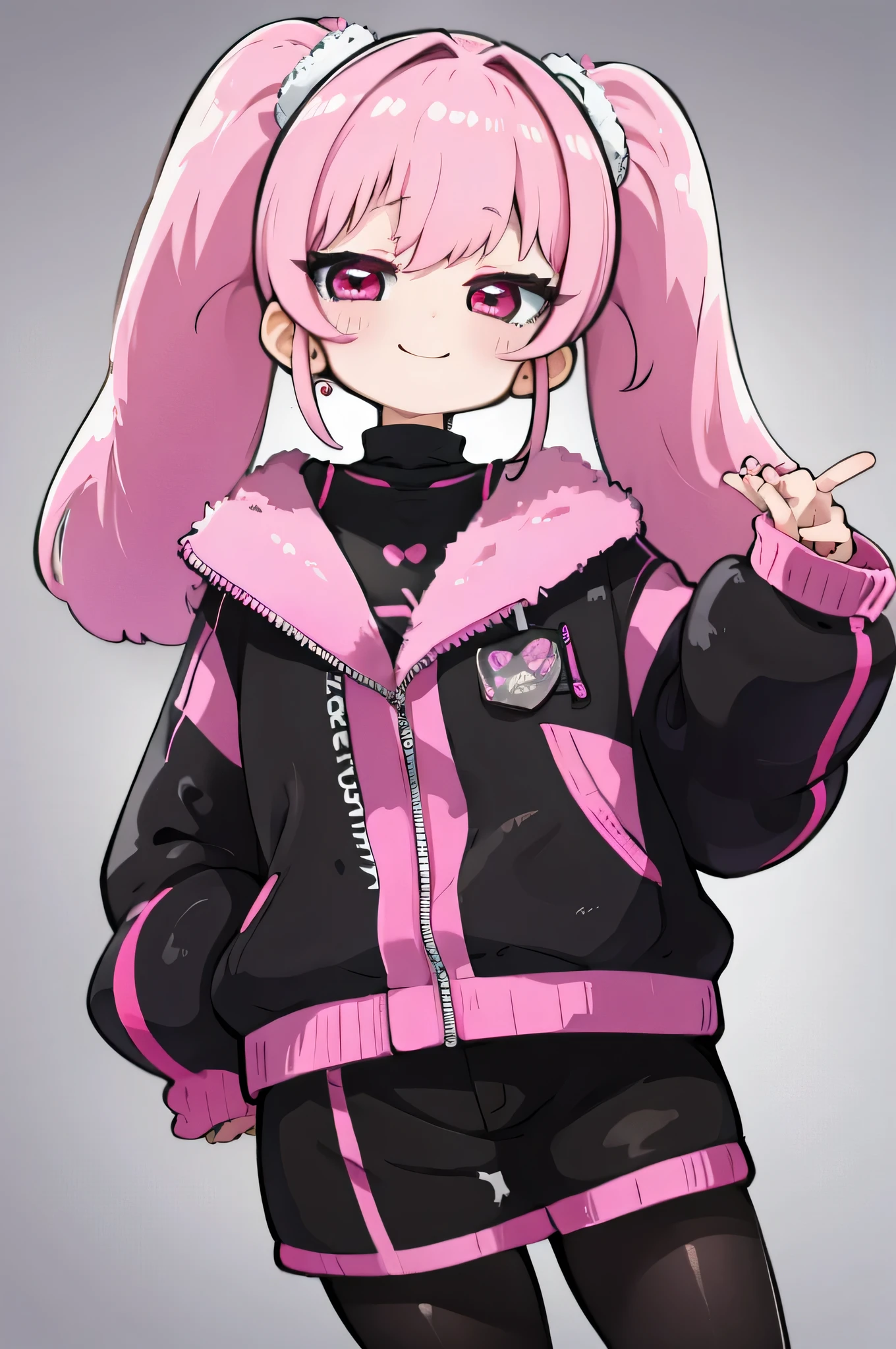 Cute, 1girl, pink hair twintails, black jacket, black tight shorts, see through pantyhose, smile, pink eyes with heart in it,
