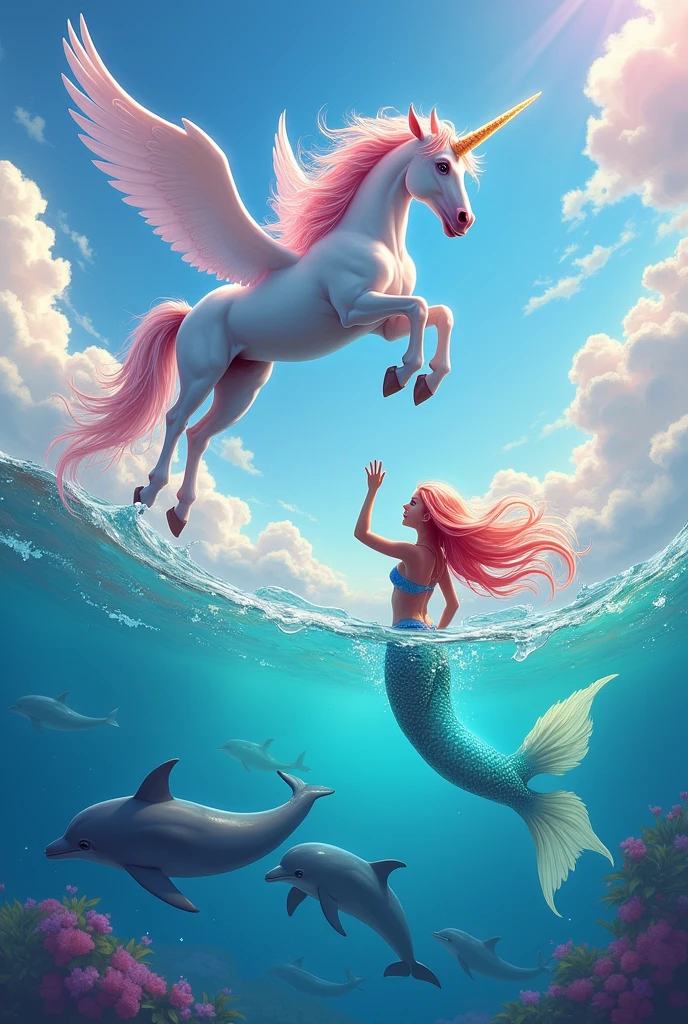 Put a very colorful flying unicorn, on a very colorful sea with very colorful dolphins in and out of the sea, Add a mermaid with rainbow hair and also unicorn hair and the whole background very colorful and with sparkles, put the unicorn higher up with clouds and also the mermaid