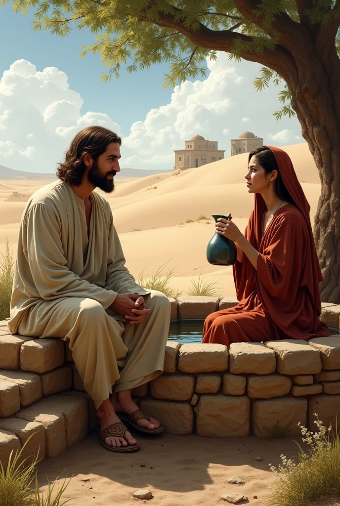 A realistic-style scene depicting Jesus talking to the Samaritan woman at Jacob's well. Jesus, dressed in simple period clothing, is sitting on the edge of the well, with a serene and welcoming expression. The Samaritan woman, in typical costume of the time, holds a pitcher of water and looks at Jesus with an expression of curiosity and surprise. The stone well is rustic and surrounded by typical desert vegetation, with a light breeze moving the characters' clothes. In the background, there is a