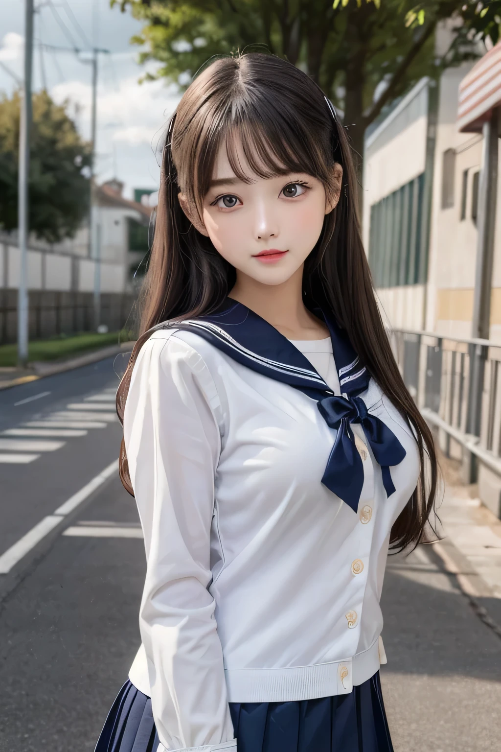 One Girl, 1 person,Highest quality,High resolution,超High resolution,8k,Realistic,Upper Body,encounter_audience,Large Breasts, the body is slim,(sailor suit School uniform:1.2),