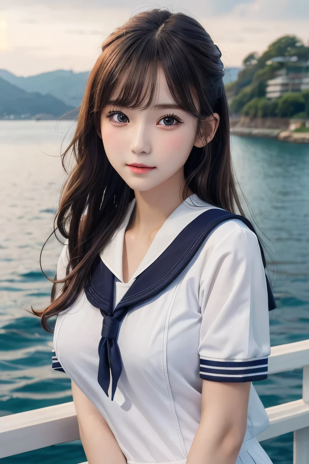 One Girl, 1 person,Highest quality,High resolution,超High resolution,8k,Realistic,Upper Body,encounter_audience,Large Breasts, the body is slim,(sailor suit School uniform:1.2),