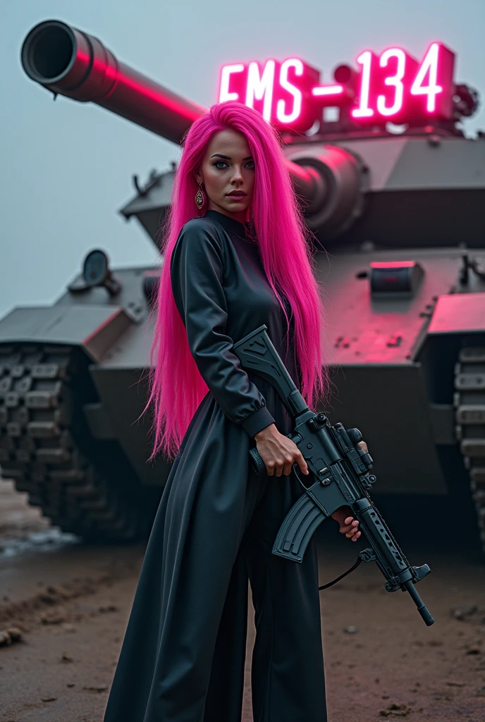 A woman with exuberant beauty with long, flowing pink hair. She is wearing a long jumpsuit. Behind her is a large tank with a neon sign that says “FMS-134” artillery woman, shooter, murderer. cyber punk.  Woman with a rifle in her hand. high resolution, ultra HD, high qualiy, 