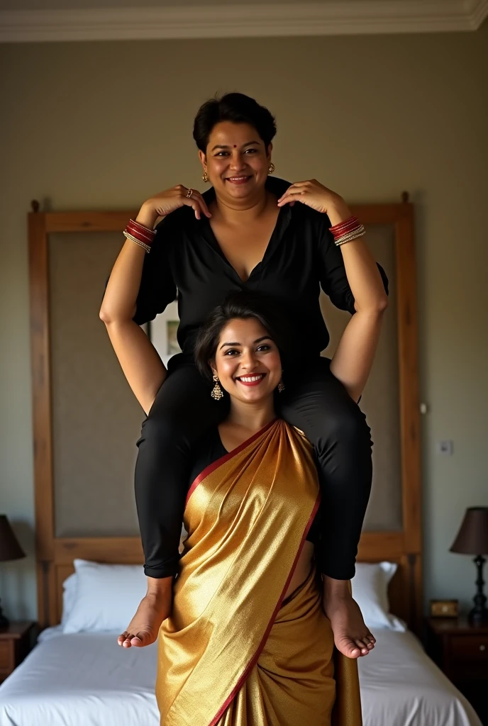 Beautiful and Slim, Sexy Indian woman in black blouse golden saree lifting a large chubby man above her shoulders, man is sitting on woman's shoulders, in a bedroom with high ceiling, natural smile, woman is looking into the camera , full body image