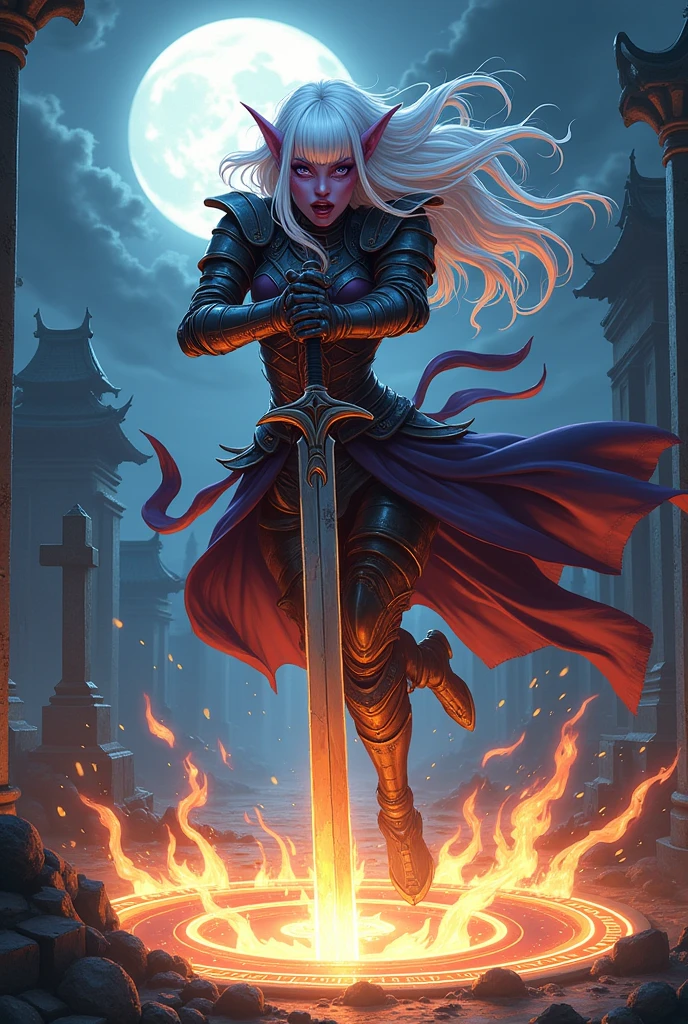 (Ultra-detailed face, Roar, shout:1.3), (Fantasy Illustration with Gothic & Ukiyo-e & Comic Art), (Full Body, A young-aged dark elf woman with white hair, blunt bangs, Very Very long disheveled hair, and dark purple skin, lavender eyes), (She is dressed in dusky, bloodstained, heavily armored armor and a velour cloak), (With a yell, she leaps up and strikes a daring pose, thrusting her two-handed greatsword into the center of the magic circle. Flames explode in the center of the magic circle), BREAK (In the background, an old temple and a cemetery can be seen, and the white blue moon tints the area white blue.)
