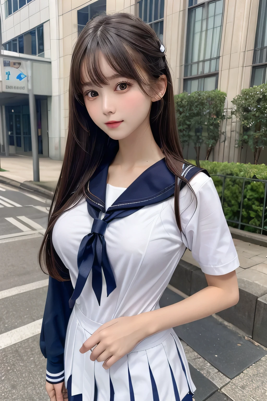 One Girl, 1 person,Highest quality,High resolution,超High resolution,8k,Realistic,Upper Body,encounter_audience,Large Breasts, the body is slim,(sailor suit School uniform:1.2),