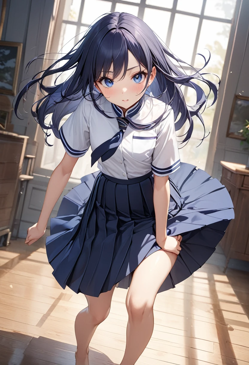 (Highly detailed CG:1.2), (masterpiece:1.2), (Highest quality:1.2),,((Absurd)),View your viewers,whole body, ,(One girl),alone,(Long Hair),(Masayom uniform),(White shirt short sleeve),(navy_Blue pleated skirt),(Long skirt),Dynamic Angle,Are standing,Dynamic pose,((Delicate facial features)),, nude、Small breasts、Panties