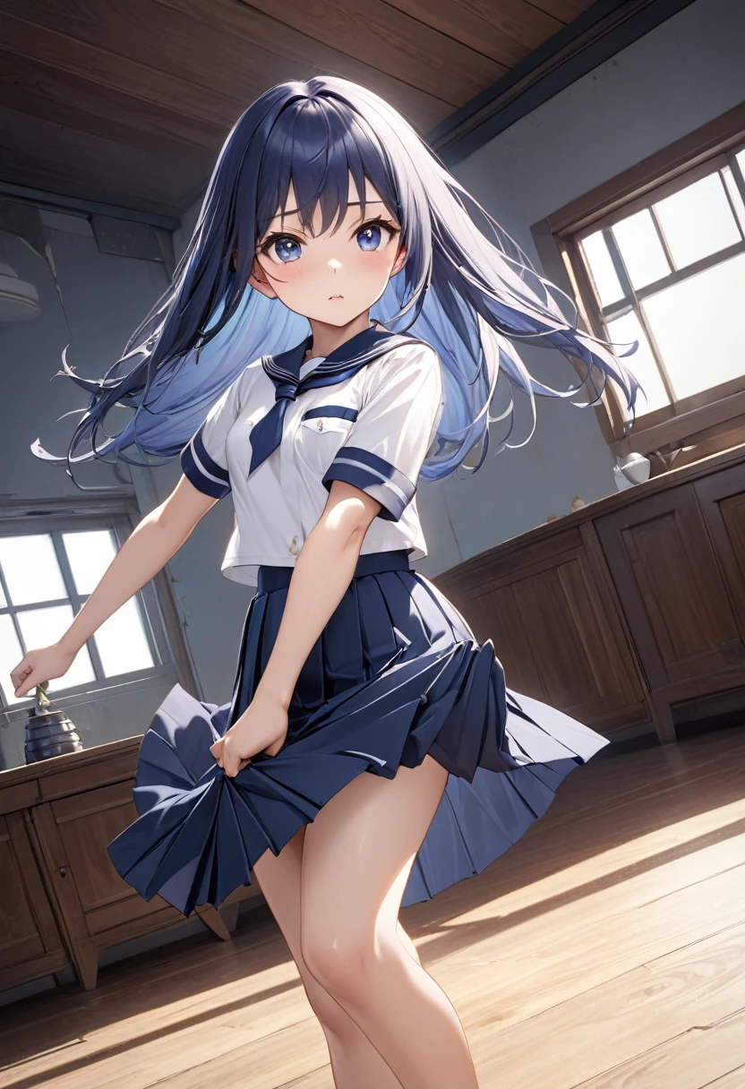 (Highly detailed CG:1.2), (masterpiece:1.2), (Highest quality:1.2),,((Absurd)),View your viewers,whole body, ,(One girl),alone,(Long Hair),(Masayom uniform),(White shirt short sleeve),(navy_Blue pleated skirt),(Long skirt),Dynamic Angle,Are standing,Dynamic pose,((Delicate facial features)),, nude、Small breasts、Panties