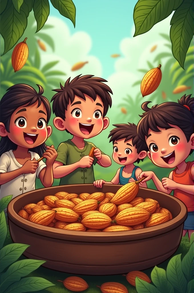 Make a cartoon image of the children peeling off the cocoa after roasting in a pan