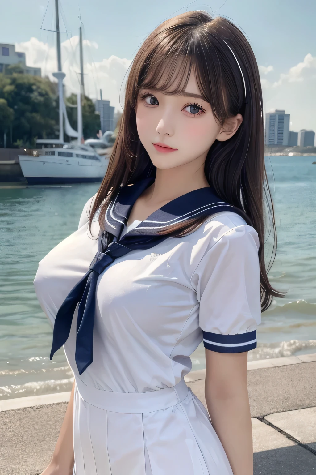 One Girl, 1 person,Highest quality,High resolution,超High resolution,8k,Realistic,Upper Body,encounter_audience,Large Breasts, the body is slim,(sailor suit School uniform:1.2),
