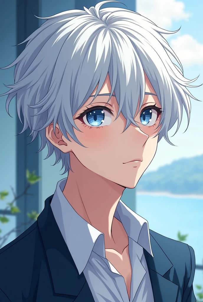 Anime of a 20 year old young man with white hair and blue eyes