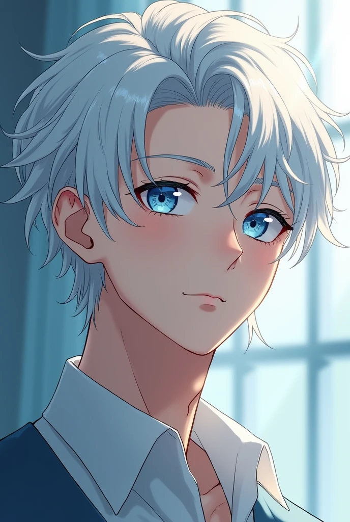 Anime of a 20 year old young man with white hair and blue eyes