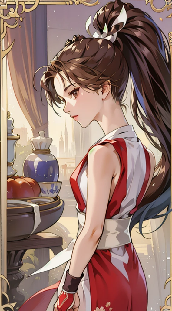 (masterpiece, top quality, best quality, official art, beautiful and aesthetic:1.2), (1girl:1.3), (fractal art:1.3), card, tarot,blue hair, twin braids, hair flower, (good lighting:1.1), ((highres)), brown eyes, long hair, brown hair, white ribbon, sleeveless, ponytail, sash, pelvic curtain, arm guards, gloves, tabi, shiranui mai,full body
