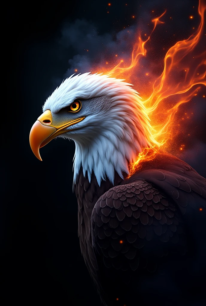 Drawing of a bald eagle's head in profile on a black background with vibrant colored flames