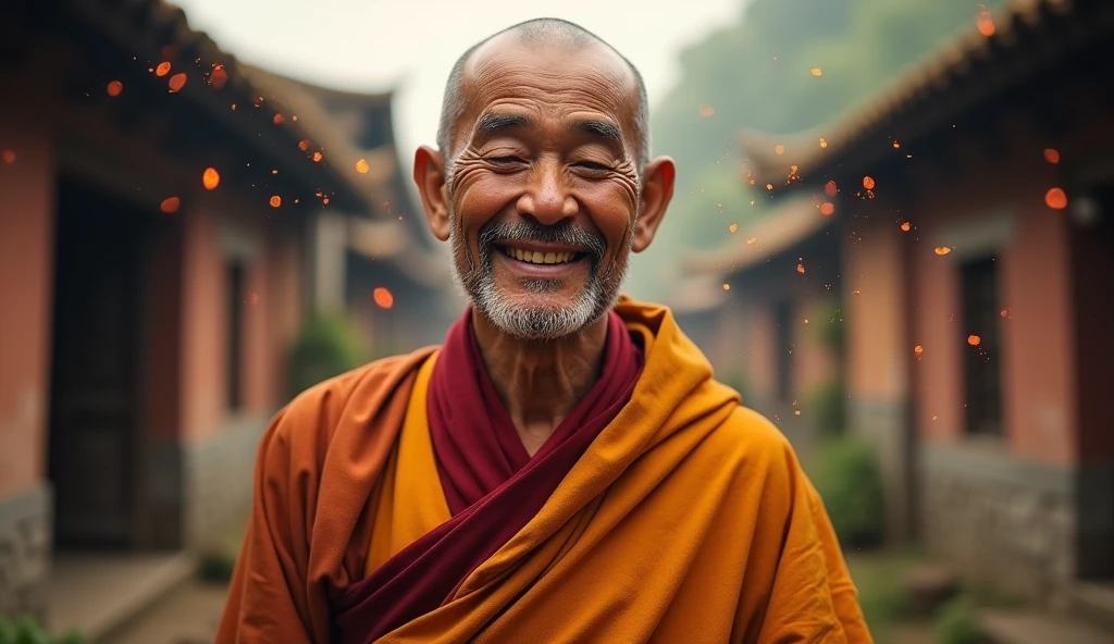 ancient buddhist monk, looking directly at the camera and smiling meditating, not towards the center, clear facial features, bright colors, light particles, with bright light, Mushhiv, wallpaper art, UHD wallpapers, vivid atmosphere, close up of an old house, village
