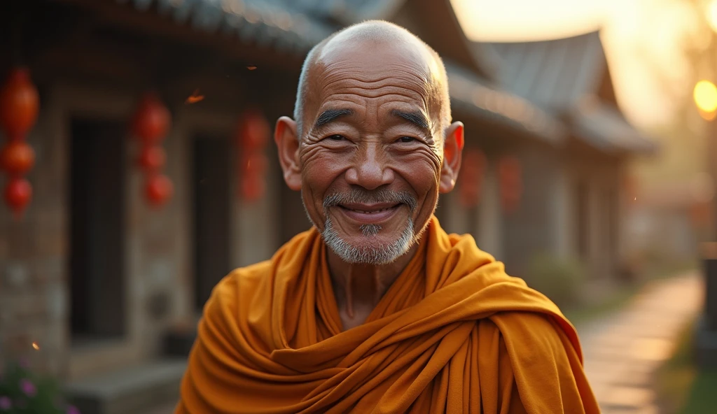ancient buddhist monk, looking directly at the camera and smiling meditating, not towards the center, clear facial features, bright colors, light particles, with bright light, Mushhiv, wallpaper art, UHD wallpapers, vivid atmosphere, close up of an old house, village