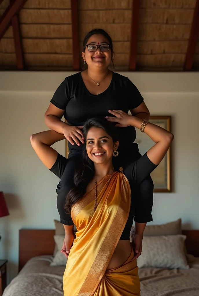 Beautiful and Slim, Sexy Indian woman in black blouse golden saree lifting a large chubby man above her shoulders, man is sitting on woman's shoulders, in a bedroom with high ceiling, natural smile, woman is looking into the camera , full body image 