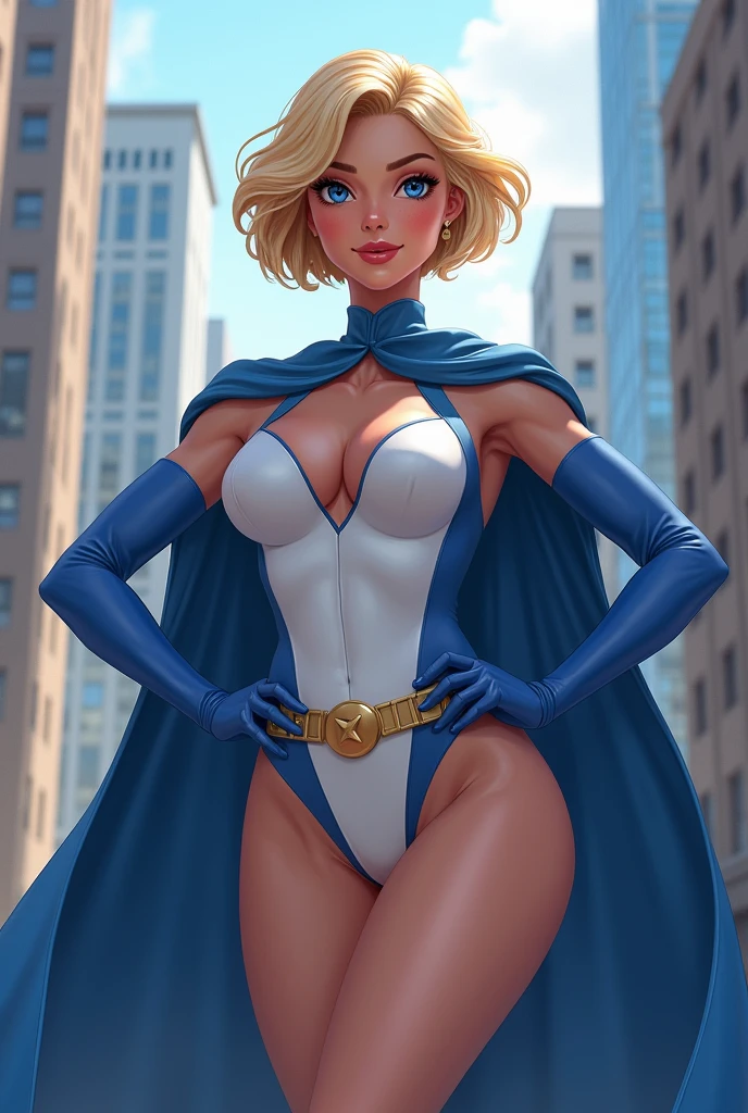 1girl, power girl, lips,smile, cleavage cutout, center opening, belt, blonde hair, blue eyes, cape, cleavage, (((blue gloves))), highleg, white leotard, short hair, 1girl, full body, masterpiece, best quality,, outdoors, skyscrapers, solo, superhero, upper body ,masterpiece, smile,hands on hips