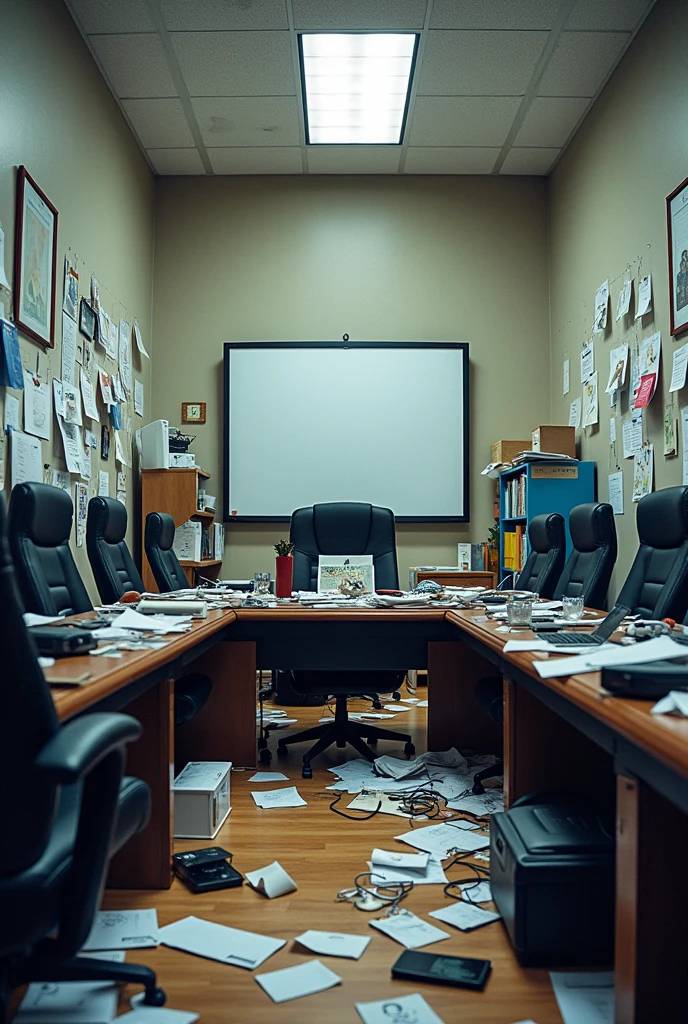 The meeting room is disorganized, with equipment and presentation materials out of place. Clutter causes delays in starting meetings and makes it difficult to prepare for presentations.