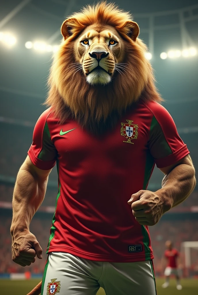 A victorious and strong lion with the will to win , spiteful look at the Portuguese Fc shirt